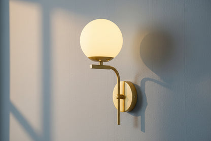 Golden and white wall lamp with iron frame and glass shade, E27 indoor lighting fixture