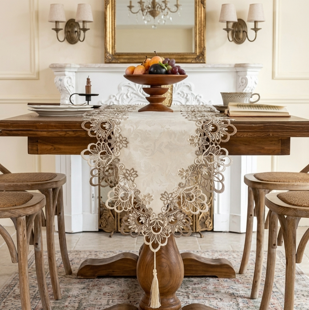 French embroidered lace table runner for elegant home décor