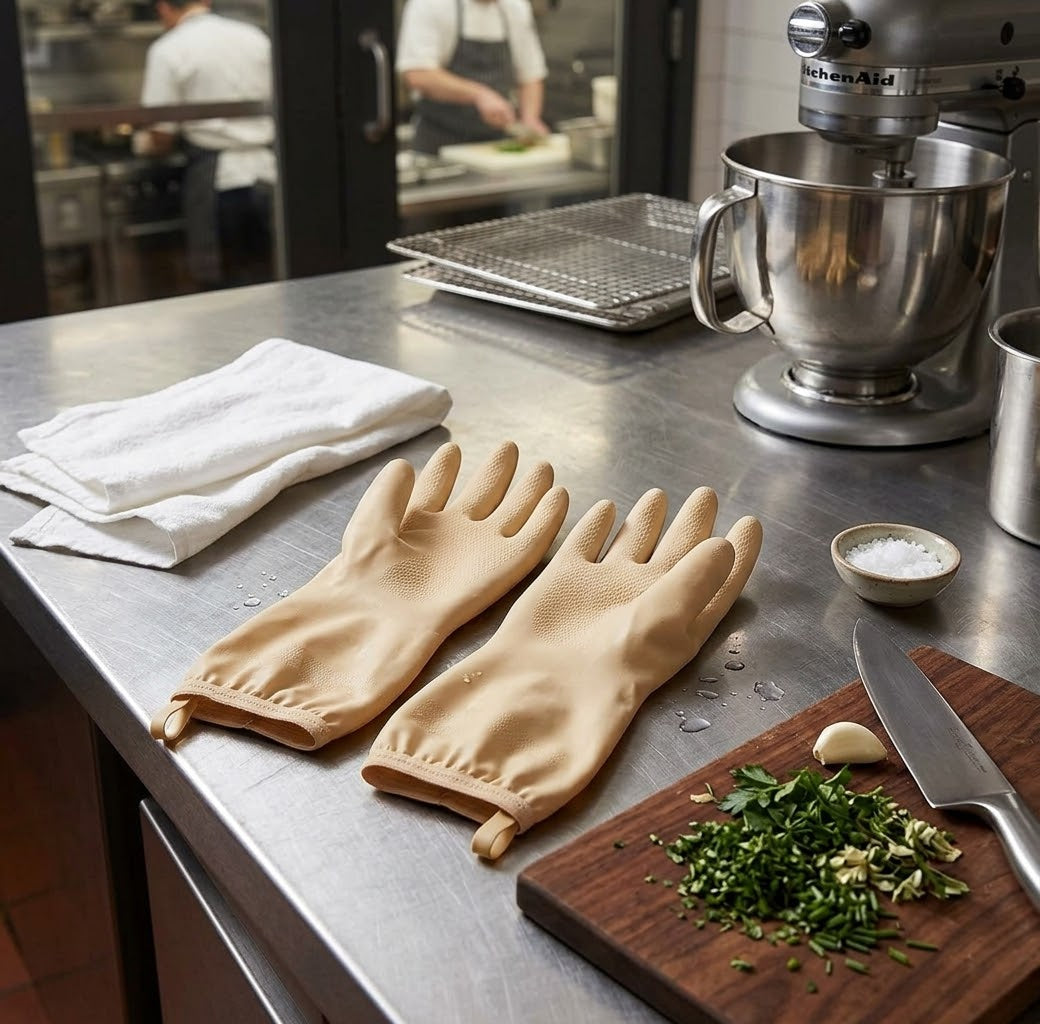Pair of thickened latex cleaning gloves in coral pink and beige - available in Nairobi, Kenya