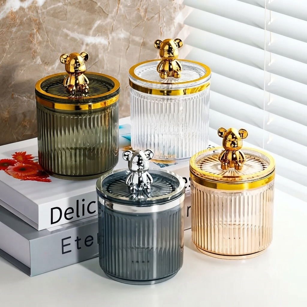 Acrylic bear storage holder with gold plated detailing for cotton swabs, cotton pads and toothpicks
