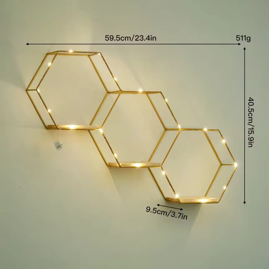 Dawood Lifestyle & Gadgets kes gold hexagon wall shelf with natural wood bases and warm LED fairy lights in a geometric honeycomb floating design for decorative home display.