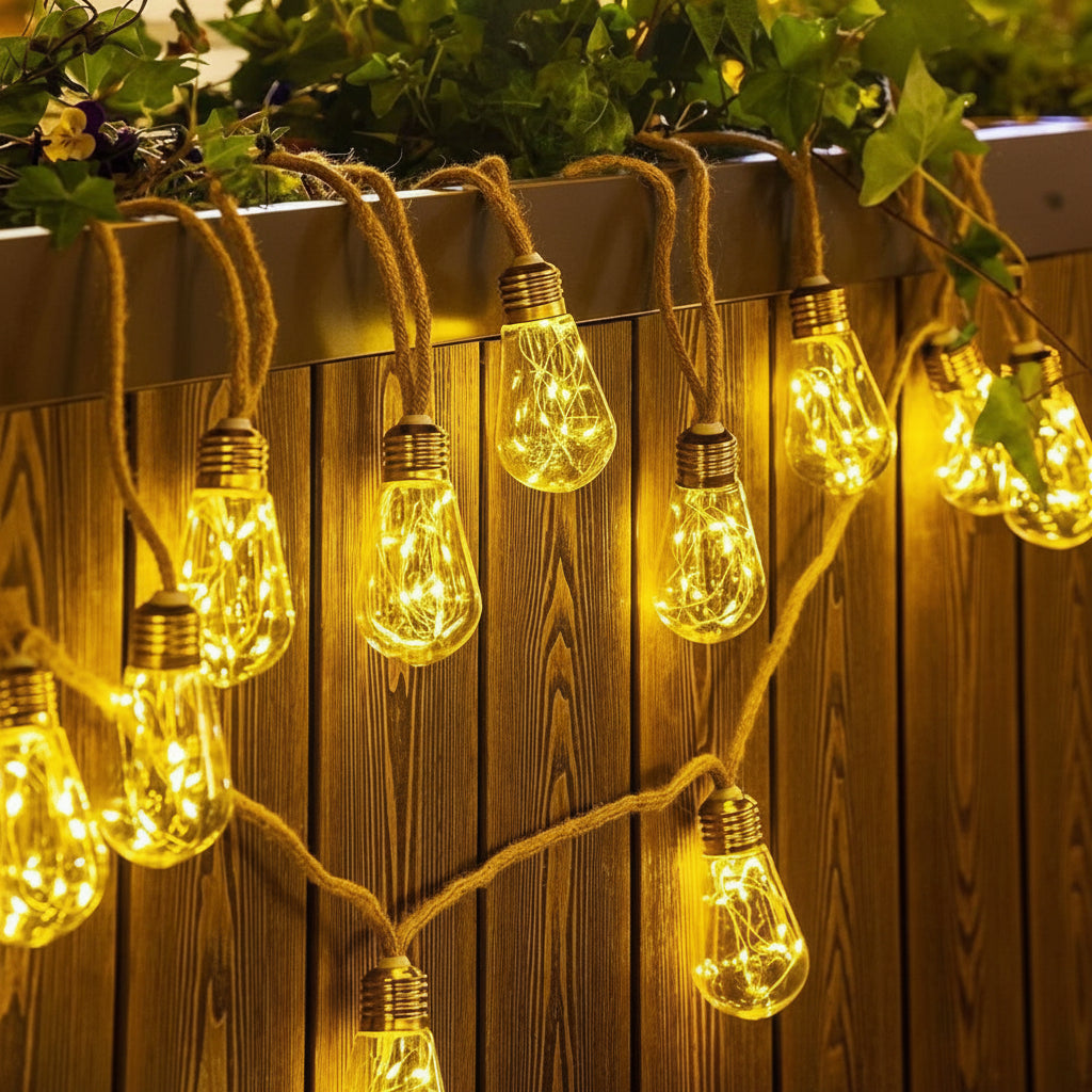 10 metre vintage rope Christmas lights with 20 lights, USB and solar power for indoor and outdoor decoration