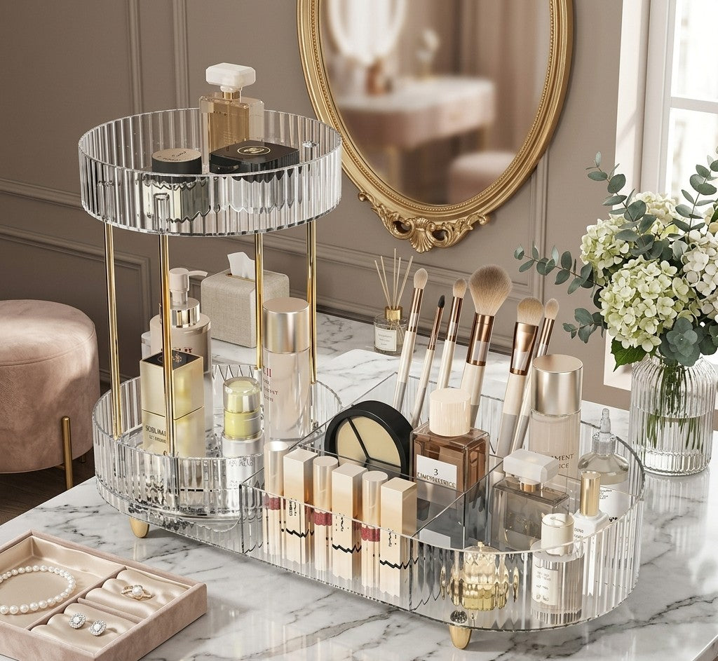 Clear 360° rotating makeup organizer with compartments for cosmetics, perfumes, and skincare, ideal for vanity or bathroom storage. 💄