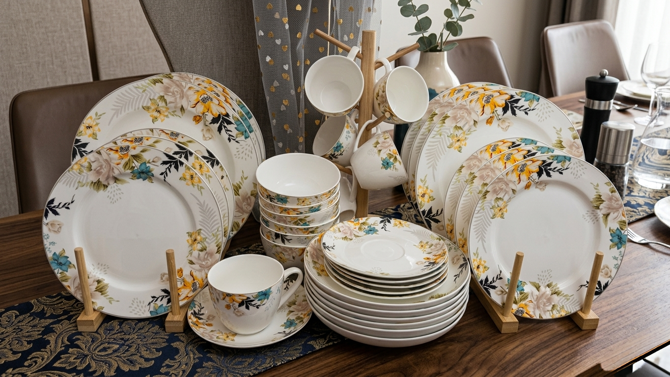 36 Piece white flowered ceramic dinner set with plates, bowls, cups, and saucers for elegant dining