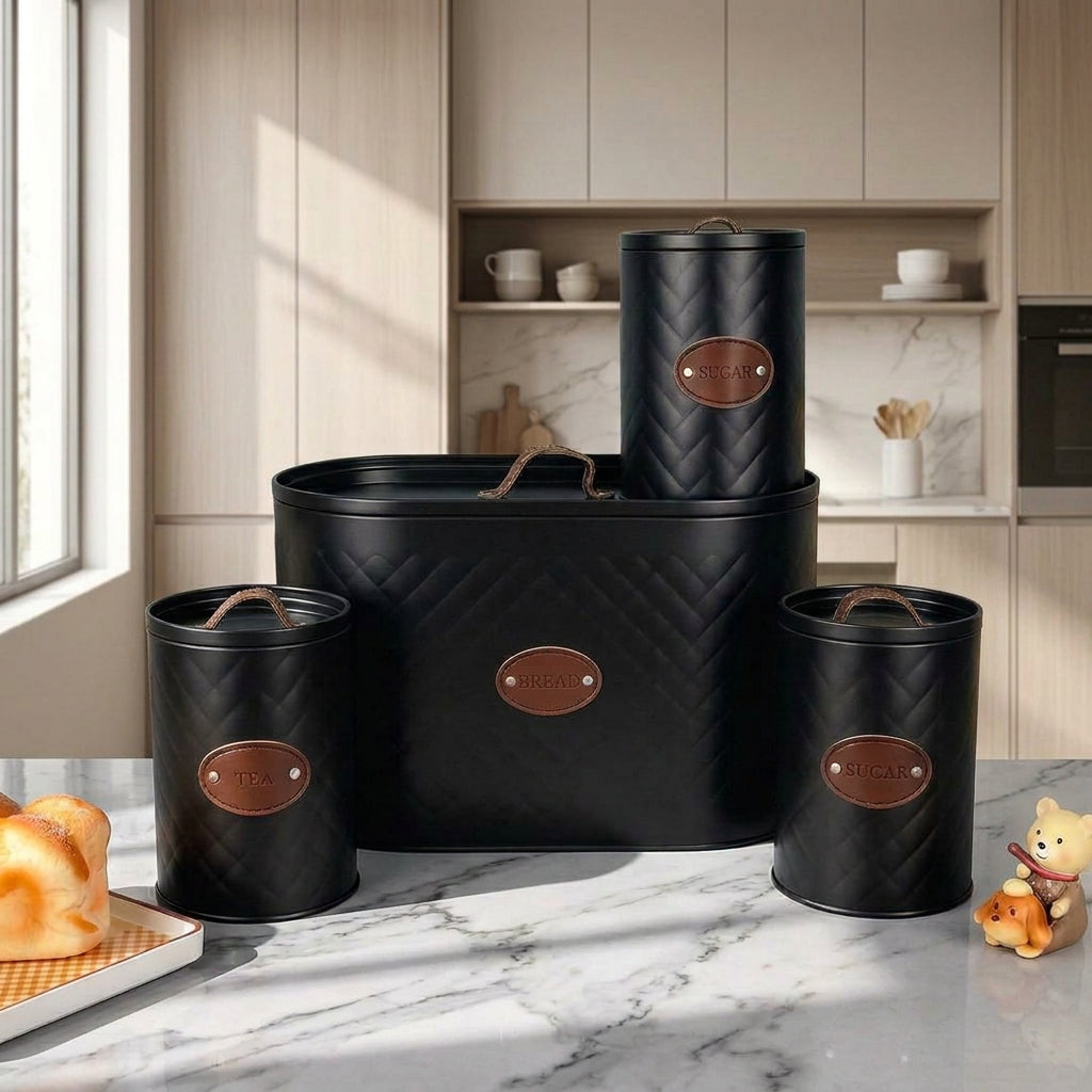 4 Piece Quilted Metal Bread Bin and Tea, Sugar and Coffee Canister Set