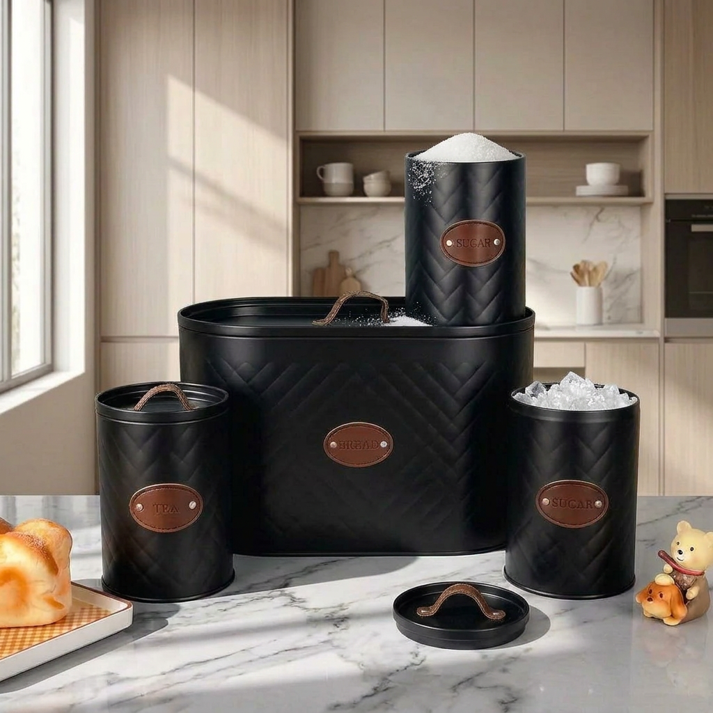 4 Piece Quilted Metal Bread Bin and Tea, Sugar and Coffee Canister Set