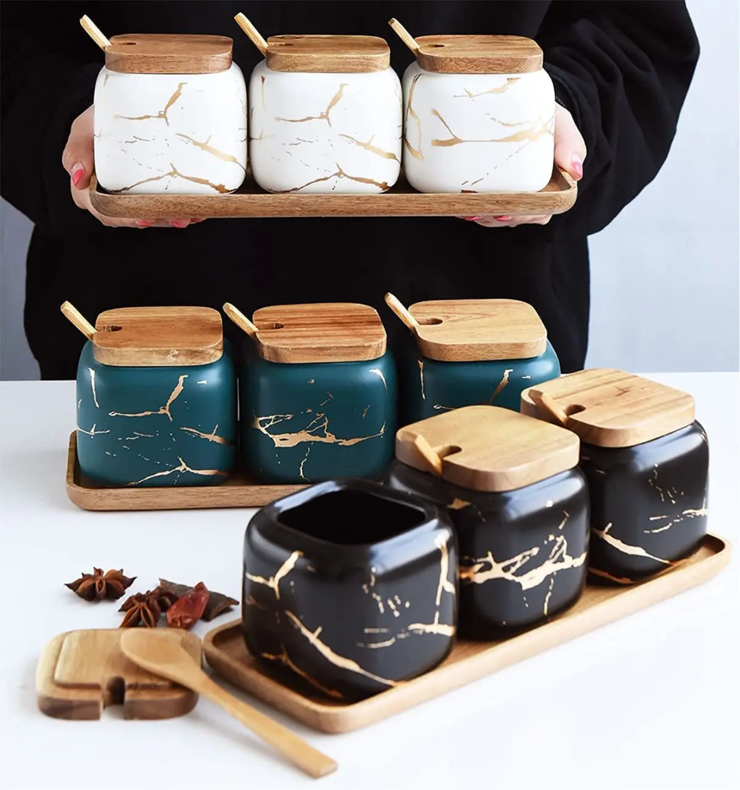10in1 Ceramic Jars with Wooden Tray, Lids & Spoons
