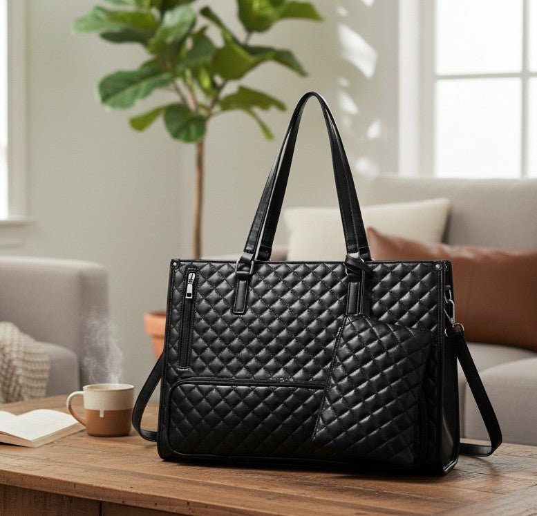 Quilted Laptop Tote Bag with Insulated Lunch Compartment