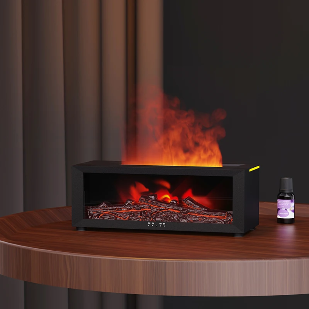Flame effect aroma diffuser humidifier with fireplace style LED lighting measuring 26 cm for home and office use.