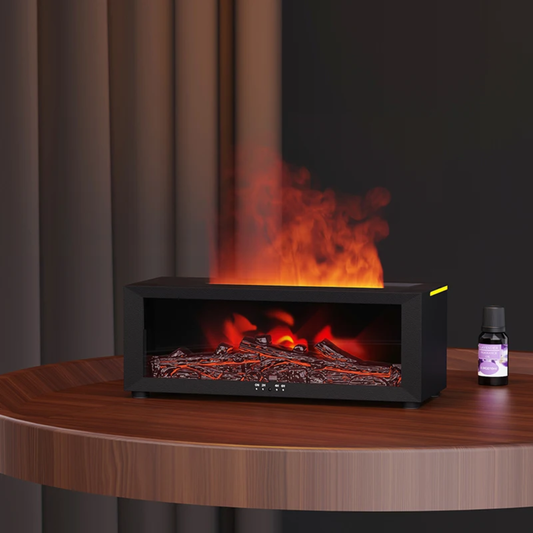 Flame effect aroma diffuser humidifier with fireplace style LED lighting measuring 26 cm for home and office use.