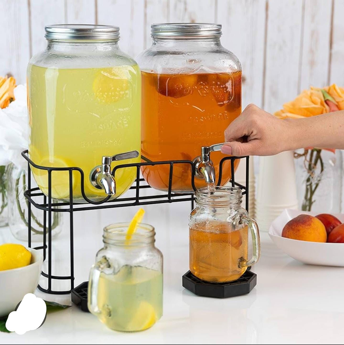 2-in-1 Glass juice dispenser with 8-liter capacity for serving beverages.