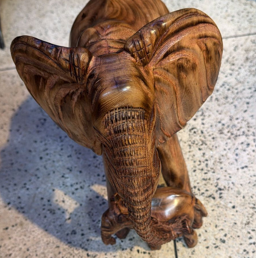 32 cm Wooden Elephant and Calf Carving
