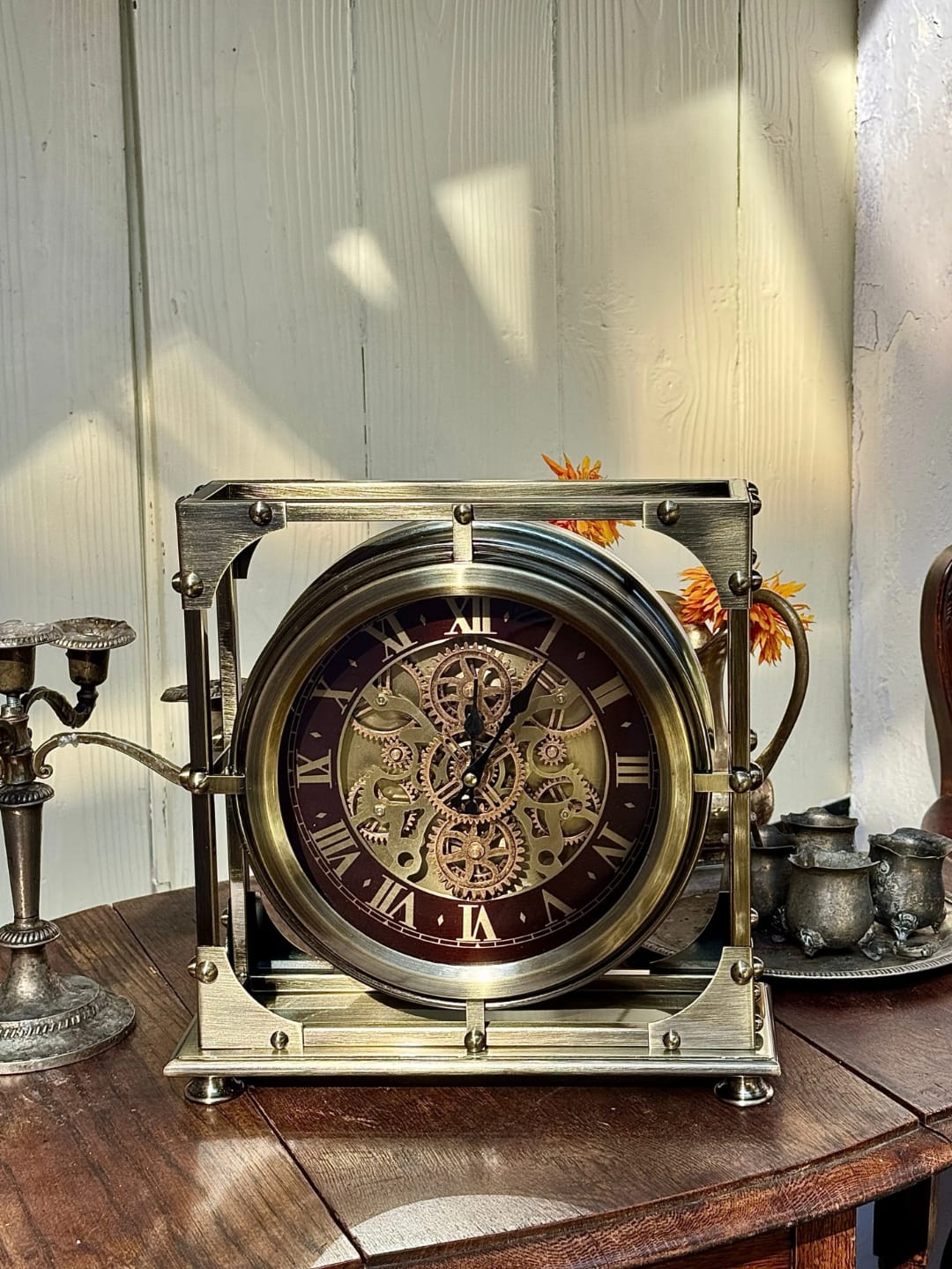 13 inch Luxembourg Line round desk clock with decorative moving gears and elegant vintage style. 🕰️✨