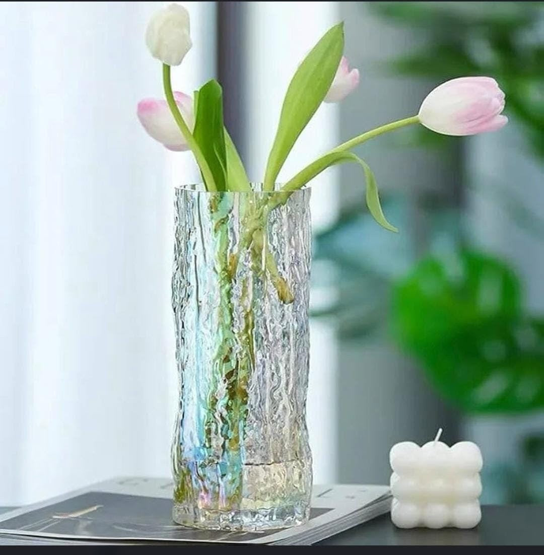 Embossed Clear Glass Flower Vase 26cm