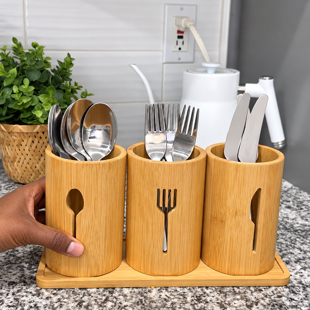 4 in 1 Eco Friendly Bamboo Cutlery Organiser