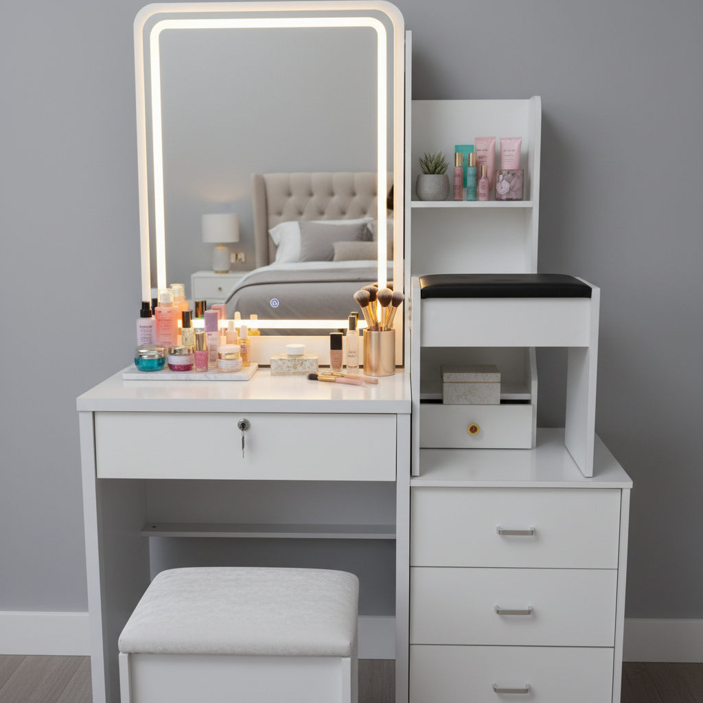 White Vanity Dressing Table With Mirror, Drawers And Stool