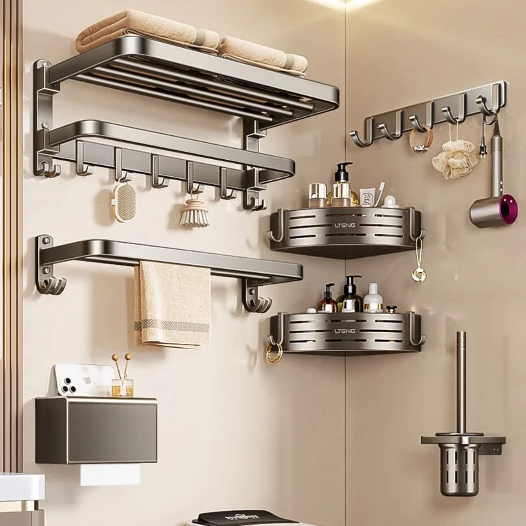 7 Piece black aluminum bathroom storage rack set for organizing towels and toiletries in modern bathrooms