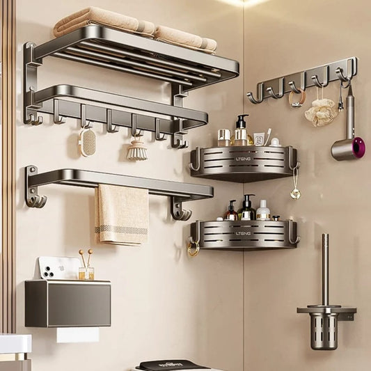 7 Piece black aluminum bathroom storage rack set for organizing towels and toiletries in modern bathrooms