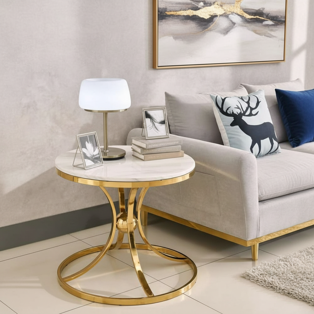 Marble Top  Side Table with golden  Metallic Stand