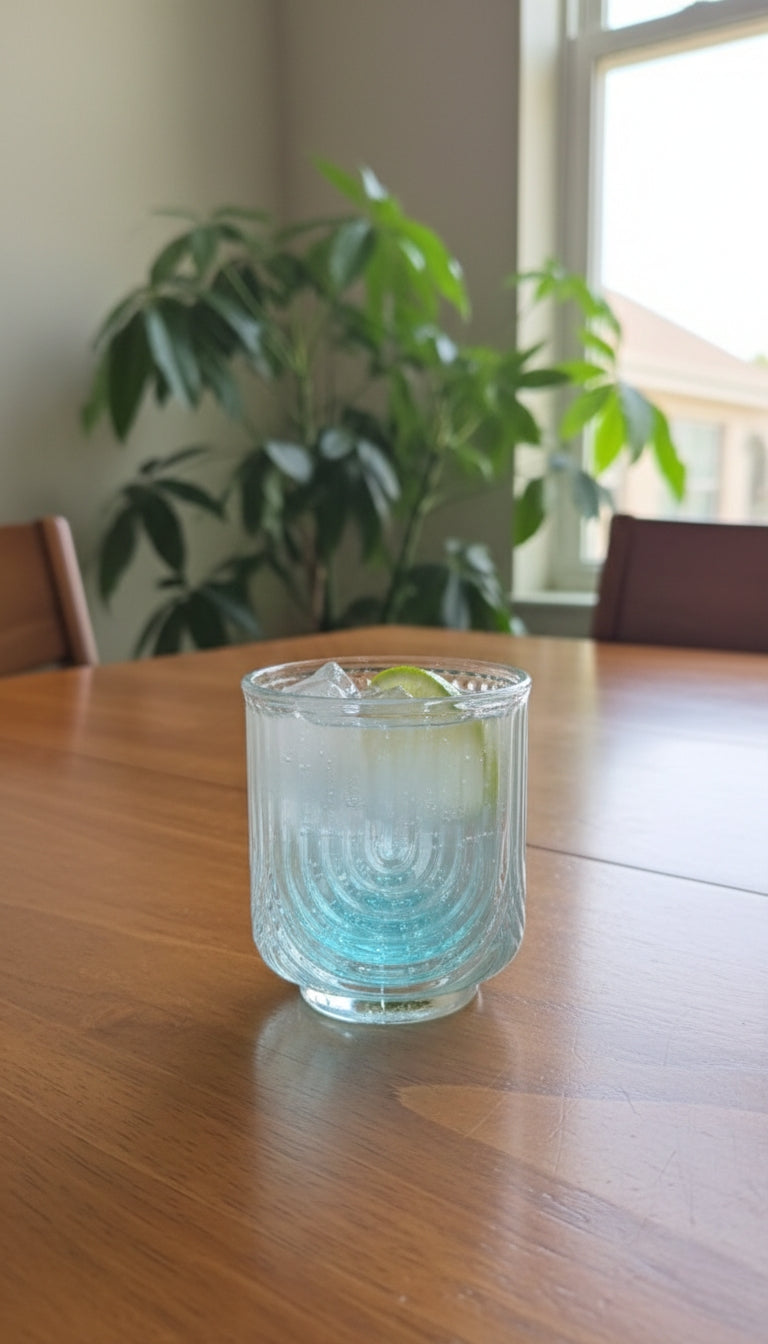 Set of six 350ml and 520ml ribbed glass cups with a modern textured design.