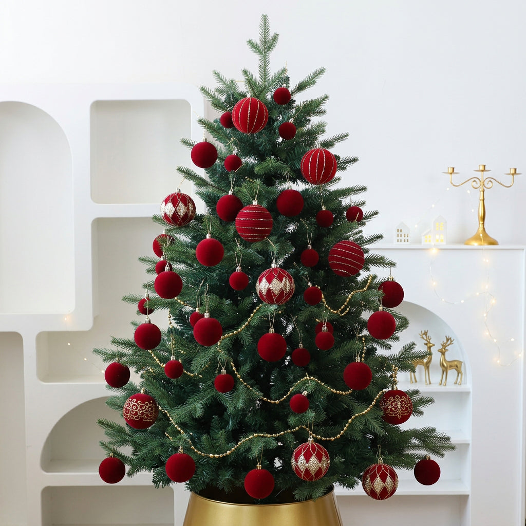 36-Piece Burgundy Velvet Christmas Bauble Set with Gold Glitter Details