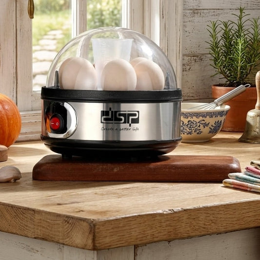 DSP 2 in 1 electric egg boiler and fryer with 6 egg capacity, timer and measuring cup for kitchen use. 🍳✨