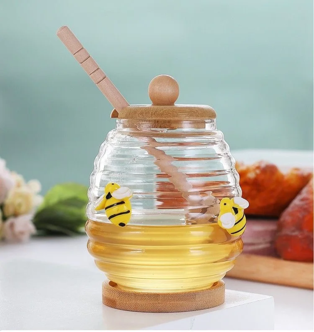 Honey Jar with Bamboo Dipper and Lid