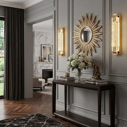 Windsor crystal LED wall lamp with iron, stainless steel, and crystal construction, featuring warm white 3000K lighting.