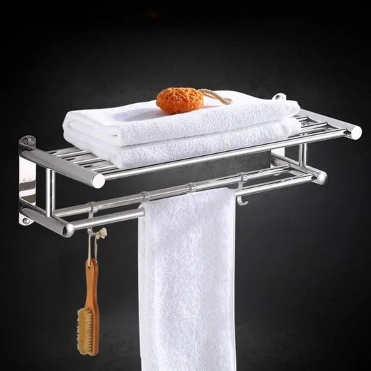 60 cm silver stainless steel wall mounted towel rack with double layer and hooks, bathroom storage organizer. 
