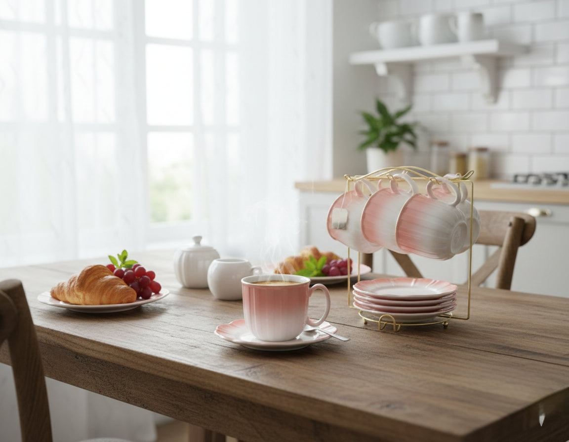 Bone cup and saucer set of six with elegant design and 220 ml capacity.