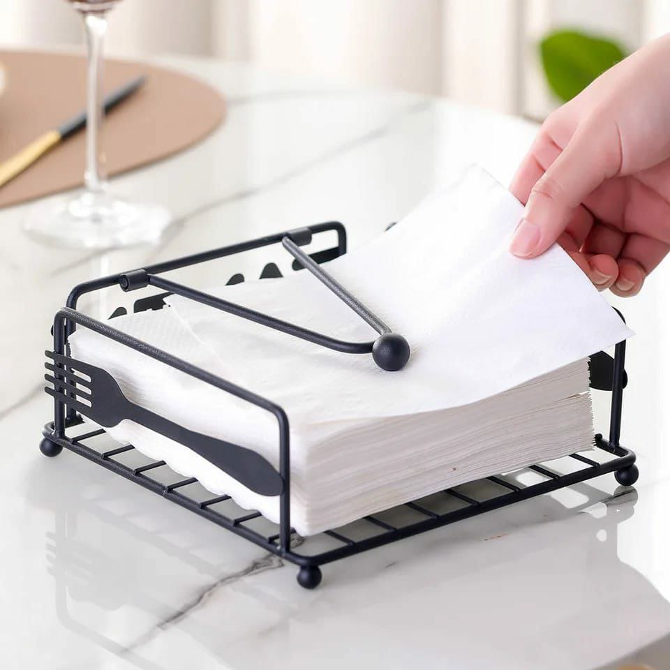 Black metal napkin holder with weighted arm, 7x7 inches, for standard lunch napkins