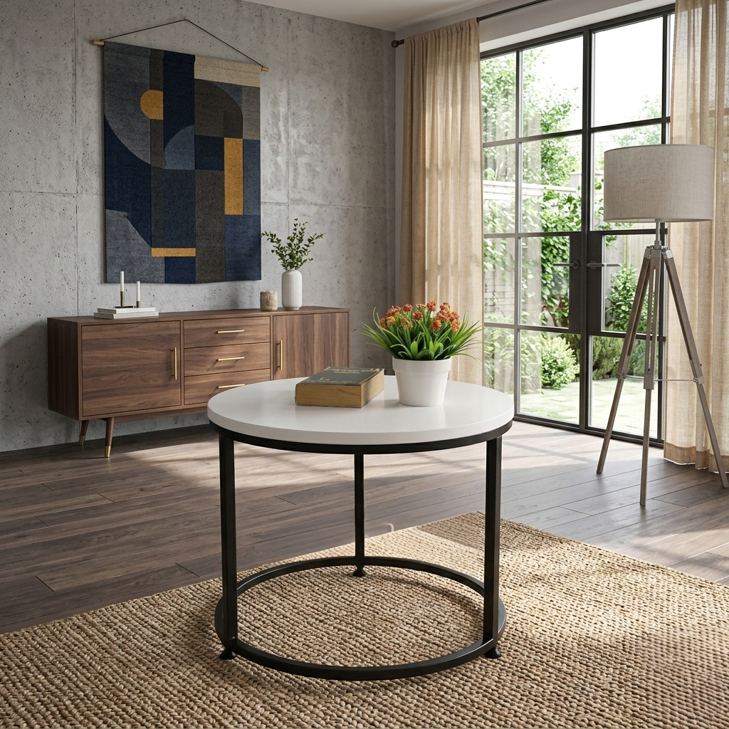Round wooden coffee table with metal frame in white or black