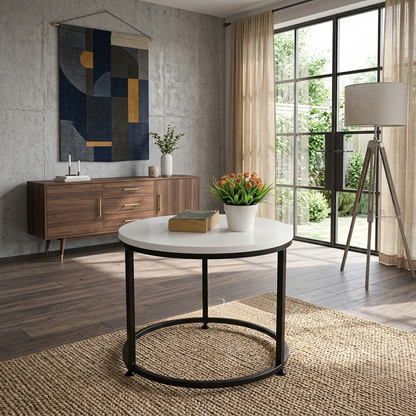 Round wooden coffee table with metal frame in white or black