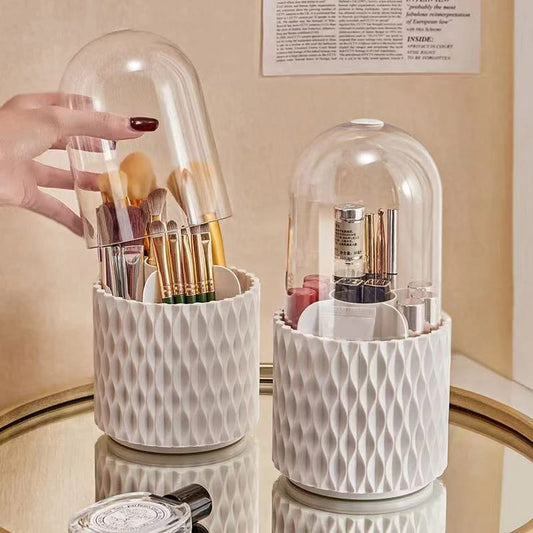 White 360° rotating multifunctional holder with compartments for makeup brushes and stationery.