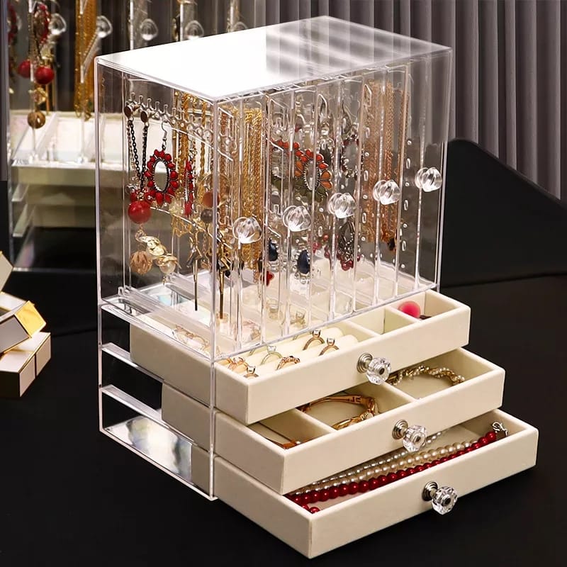 Luxury acrylic jewelry storage organizer with 3 drawers, transparent dustproof display box for accessories.