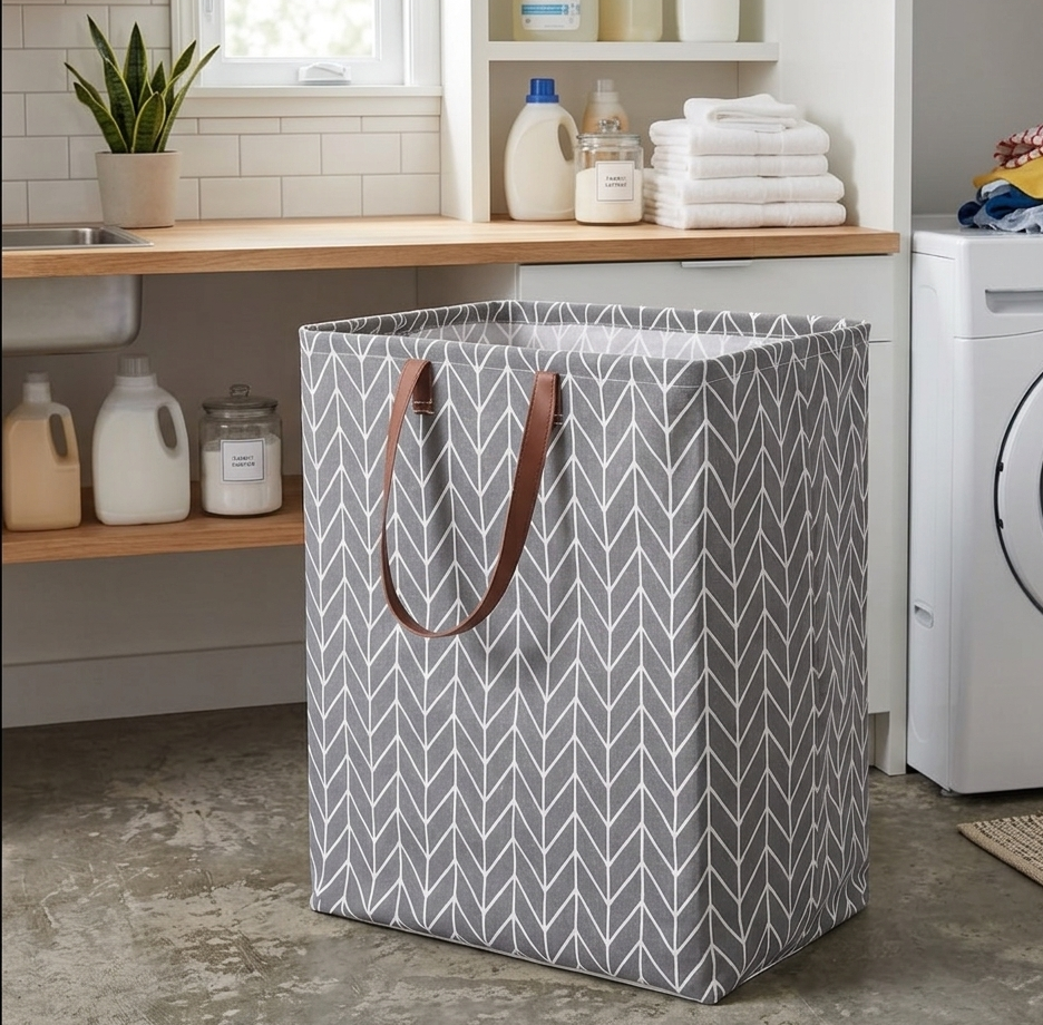 Foldable waterproof fabric laundry basket with handles for clothes storage and home organization