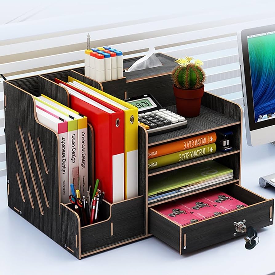 Bamboo Desk Organizer with Drawer and Lock