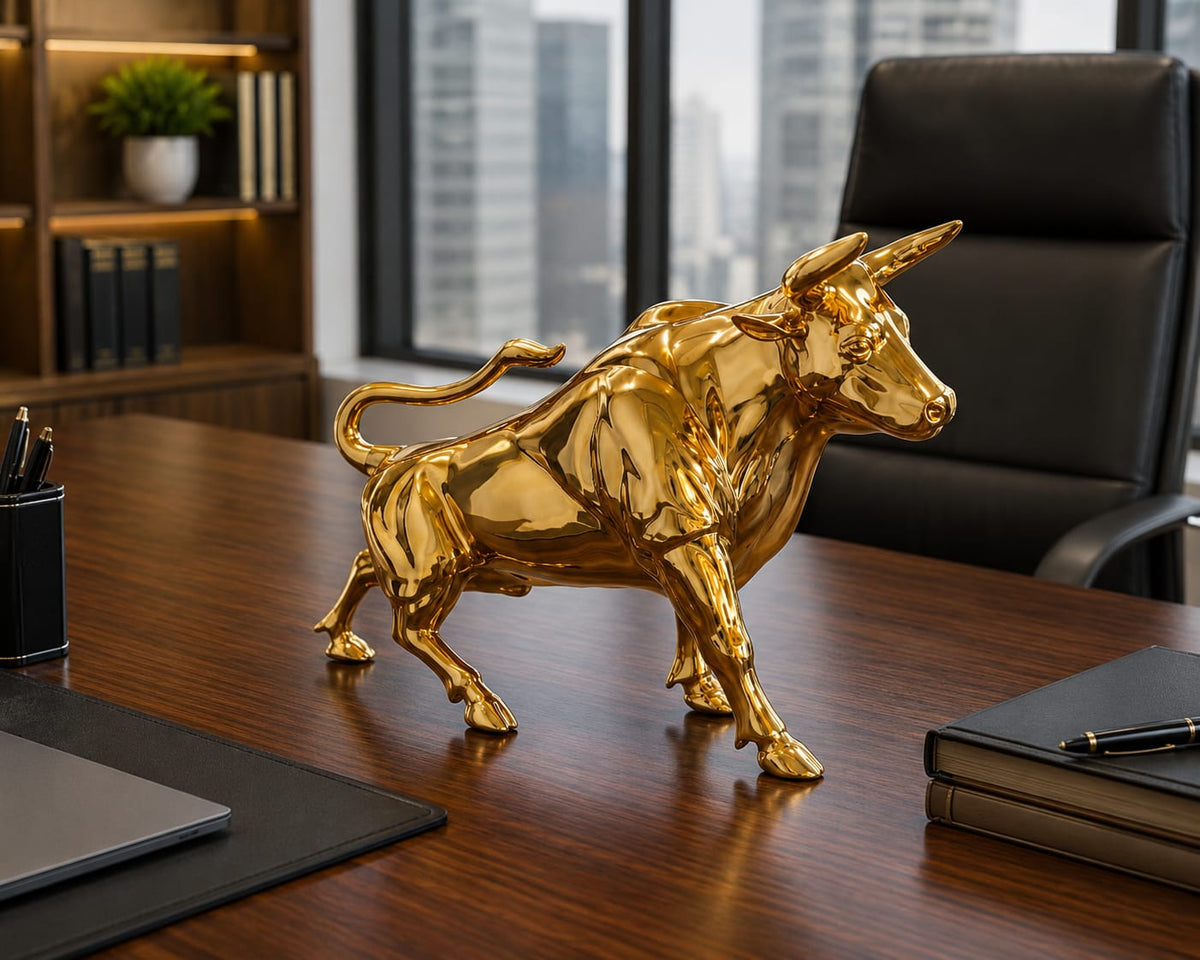 Dawood Lifestyle & Gadgets kes golden charging bull sculpture with mirror gold finish, detailed muscular body and dynamic forward stance, ideal for executive office and luxury décor displays.