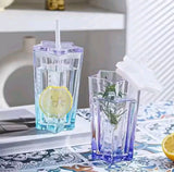 Heavy Duty Pentagonal Glass Tumbler with Straw