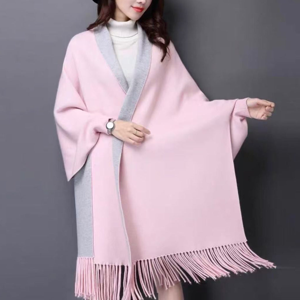 Plain double sided long sleeve poncho shawl with tassels for warm and stylish wear