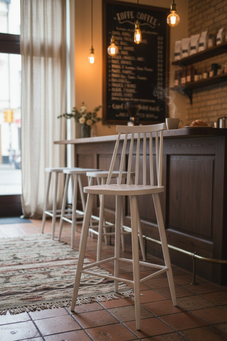 Modern barstool with metallic stand and moulded plastic seat and back.