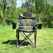 Portable heavy duty foldable camping chair with armrests, side pockets, and carrier bag for outdoor use.