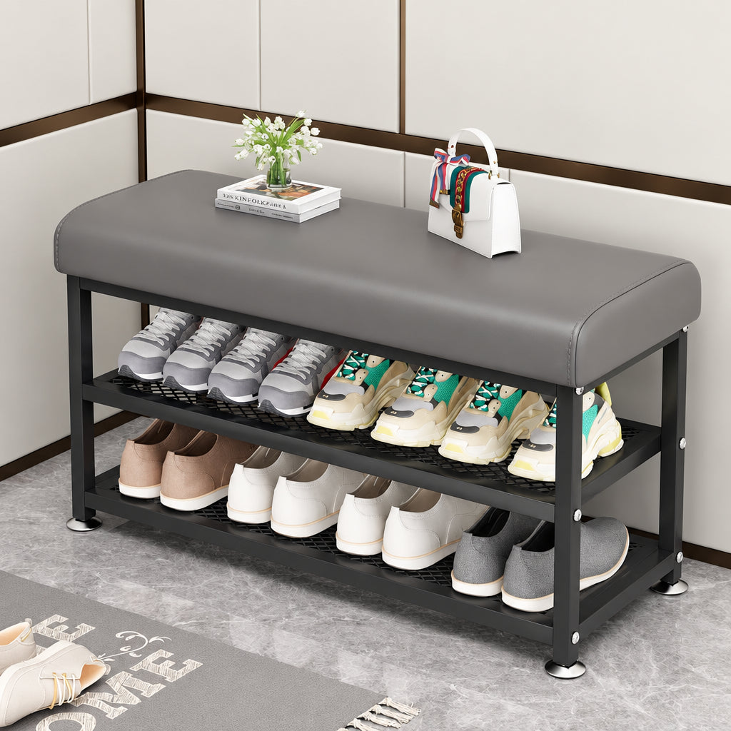 100 × 32 × 51cm Entryway Shoe Rack with Padded Seat 2 Tier Metal Shoe Storage Bench Grey
