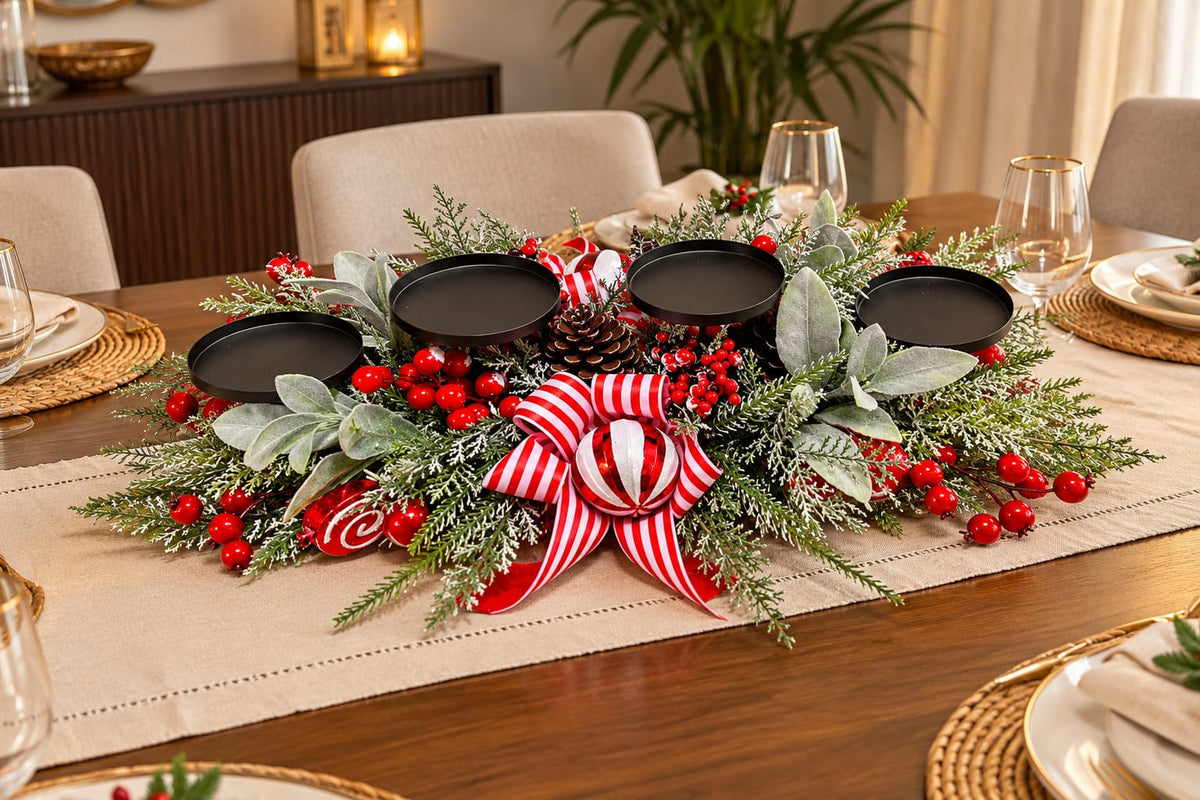 55 × 25cm Christmas Centrepiece with 4 Candle Holders