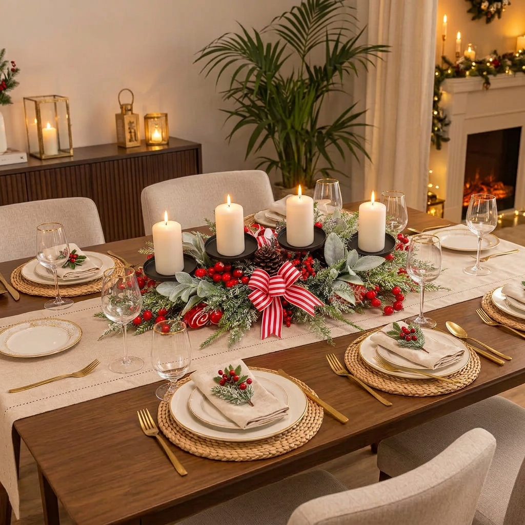 55 × 25cm Christmas Centrepiece with 4 Candle Holders