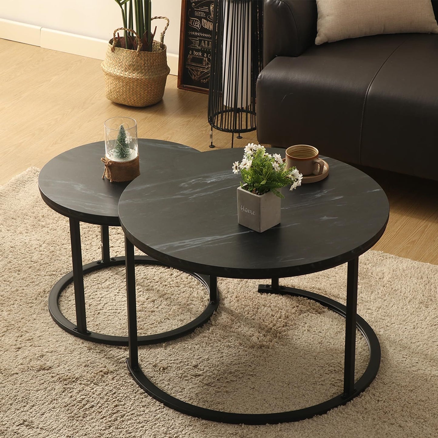 Round marble-effect nesting coffee tables with gold legs