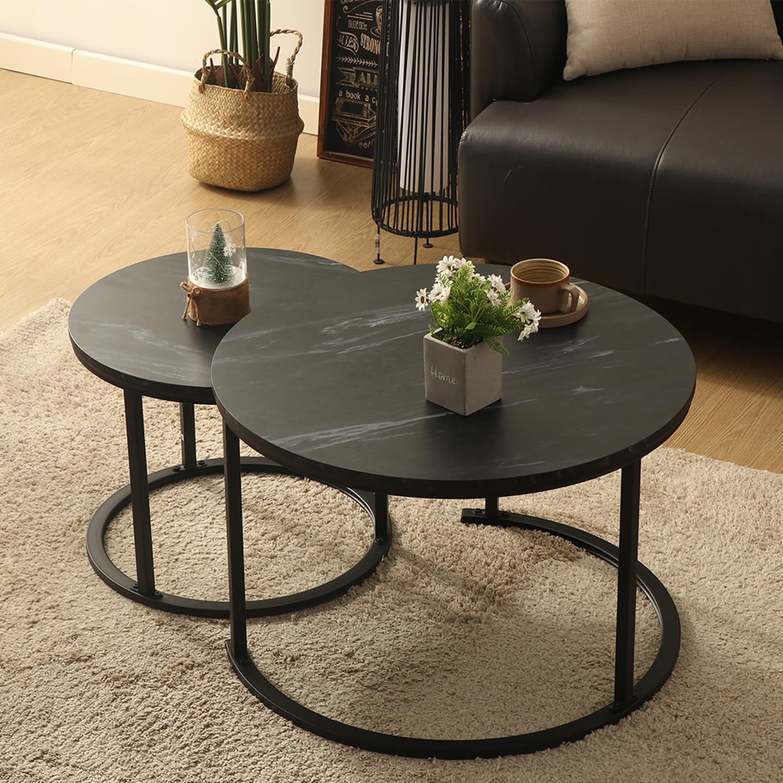 Round marble-effect nesting coffee tables with gold legs