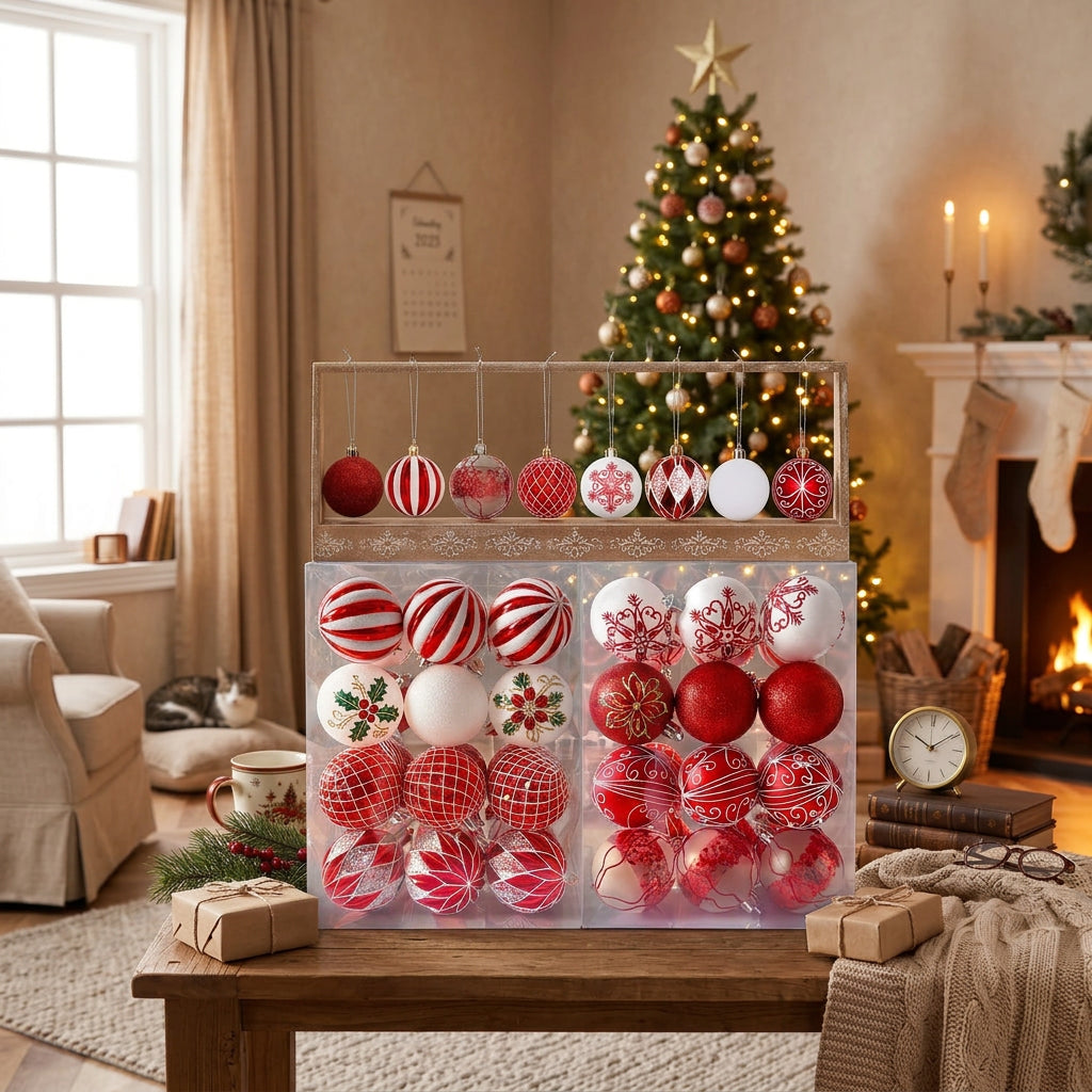 24pcs 6cm Christmas Baubles Set with Mixed Finishes