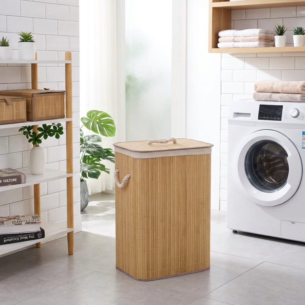 Large square foldable bamboo laundry basket with natural brown finish.