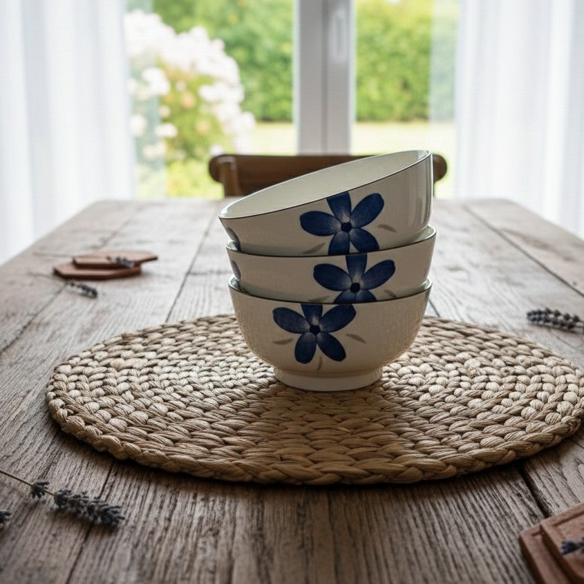 Set of six 5.5 inch printed ceramic bowls on display.
